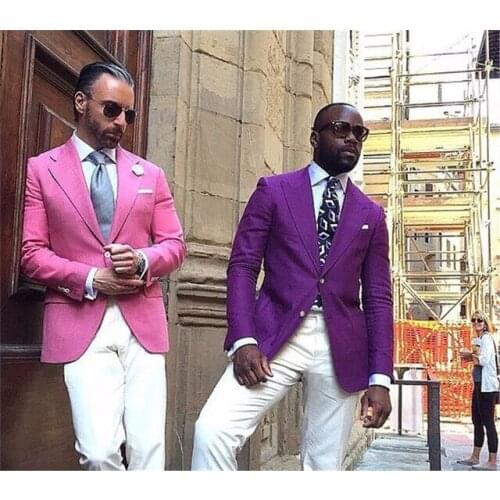 Tailor Made Hot Pink Purple Bridegrooms Tuxedos For Male Slim Fit 2 Pieces Mens Wedding Prom Dinner Suits Best Man Blazer Pants