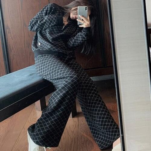 Women Outfits Korean Plaid Tracksuit Loose Sweater Tops Elastic Waist Wide Leg Pants Suits Knitted Sport Two Piece Sets