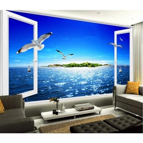 Mediterranean Beach Scenery Window Seagull Isle Wallpaper 3D Custom Mural Bedroom Sofa Living Room TV Background Wall Paper