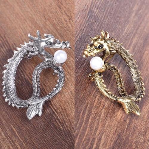 Retro Unique Chinese Dragon Simulated Pearl Brooches Jewelry Gold Color Silver Color Alloy Pins Brooch Unisex Brooch