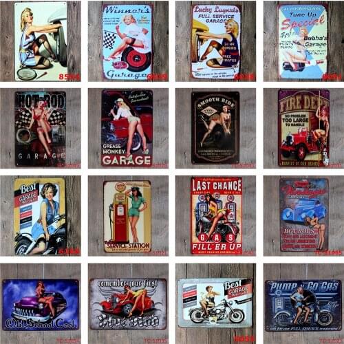 Grease Monkey Garage Vintage Metal Tin Sign Hot-rod Old School Cool No Problem Gas Sexy Lady for Garage Advertising Plate Decor