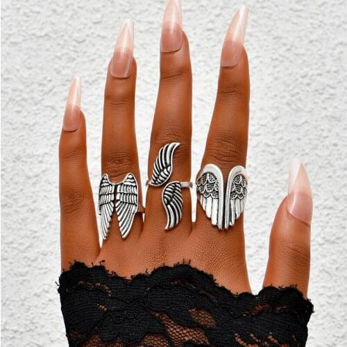 Vintage Punk Angel Wings Rings Set Fashion Geometric Rings for Women Men Party Jewelry Accessories