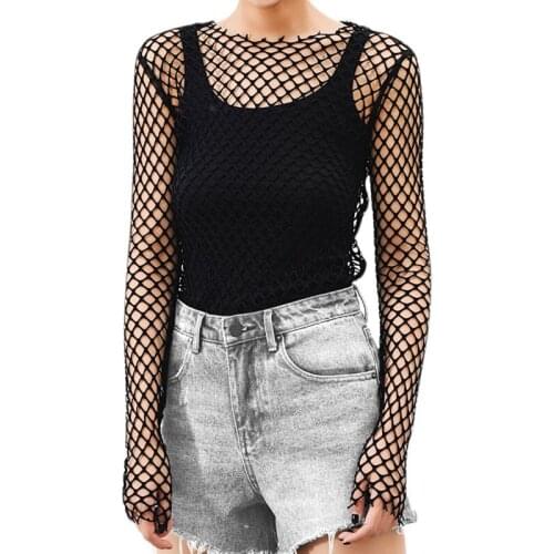 Women See Through Perspective Sheer Mesh Fishnet Tee Bodycon Long Sleeve Tops Beach T-shirt New Design Party Club Tops