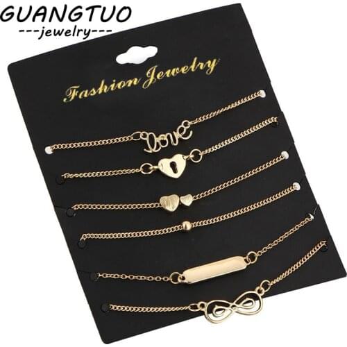 6 PCS/SET New Fashion Jewelry Bracelets For Women Heart Love Trendy Pulseiras Pemmes Bangles Bijoux Gift For Girl Hot Sale LB005