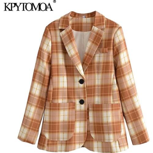 KPYTOMOA Women 2021 Fashion Single Breasted Check Blazer Coat Vintage Long Sleeve Patch Pockets Female Outerwear Chic Veste