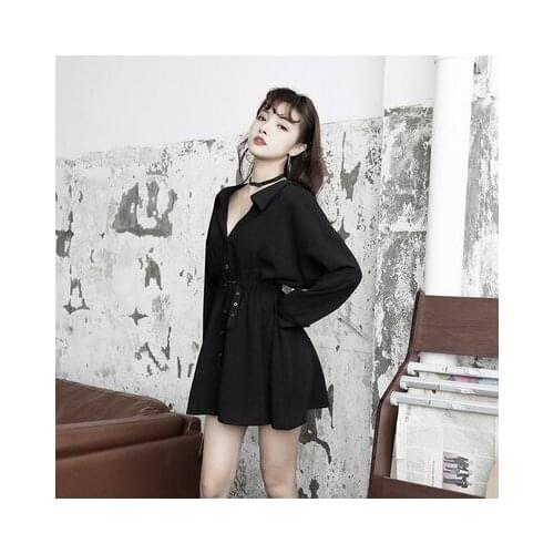 New Arrival Hot Sale Spring Autumn Punk Gothic Black Dress Fashion Long Sleeve V collar Female Sexy Slim Dresses