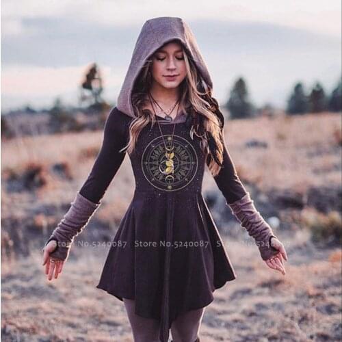 Medieval Renaissance Retro Gothic Dress Women Long Sleeve Hooded Print Hoodies Sweatshirt Elf Victoria Vintage Cosplay Costumes