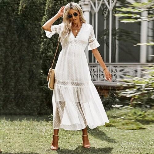 2021 Summer New Short-Sleeve Womens Dress Solid Color High Waist Temperament Lace V-Neck Long Vestidos Mujer Fashion On Sale