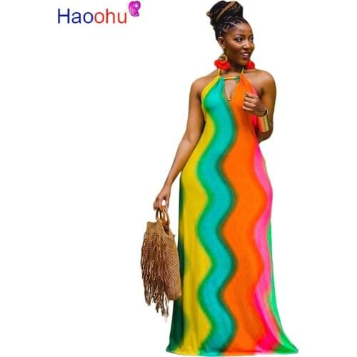 Rainbow Wavy Stripes Print Vestido Sexy Halter Backless Long Dresses V Neck Bohemian Dresses Vintage Fit and Flare Beach Dresses
