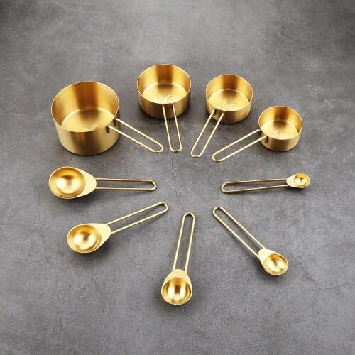 8PCS/LOT Gold Measuring Cups Measuring Spoons Set Stainless Steel Dry and Liquid Ingredients Cooking Utensils OK 1146