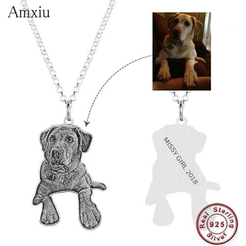Amxiu Customized Personalized Pet Dog Picture Jewelry Engraved Name 925 Sterling Silver Necklace for Men Women Girls Boys Gifts