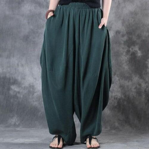 Plus Size ZANZEA Elastic Waist Loose Wide Leg Pants Woman Cotton Linen Vintage Solid Baggy Harem Pants Trousers Pantalon Femme
