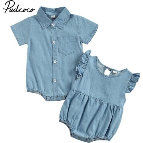 Newborn Baby Girls Boys Jeans Jumpsuits Short Sleeve/Fly Sleeve Romper Solid Color Romper For Kids Infant New Fashion 2021