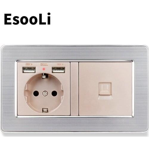 Esooli Gold EU Standard Wall Socket 2 USB Charge Port Hidden Soft LED + 2 Gang CAT6 RJ45 Internet Stainless Steel Panel