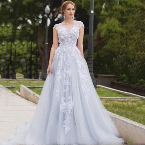 Custom Made Cap Sleeve Scoop Appliques Lace Buttons Tulle Wedding Dress 2021 Vestido De Noiva Bridal Gown