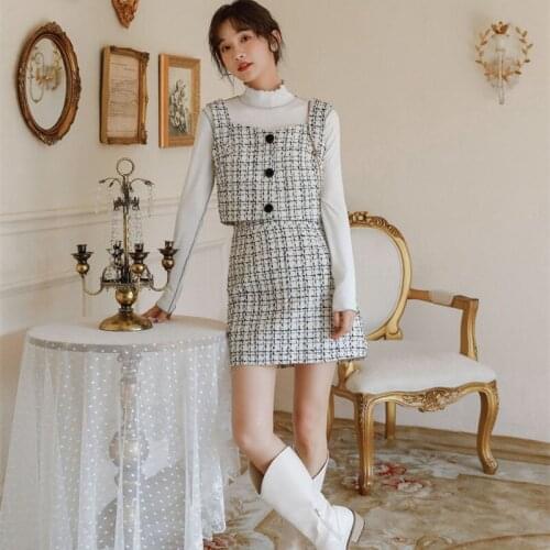 Fashion Korean Tweed Plaid Vest Suit Female Retro Chic Autumn and Winter High Waist Half Skirt Two-Piece Suit