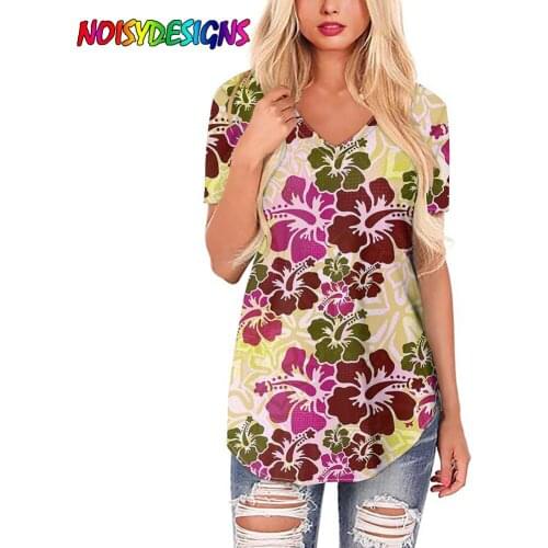NOISYDESIGNS Womens Hibiscus Printed T-shirts V-neck Thin Short Tee Top Hibiscus Tribal Print Short Sleeves Woman T-shirt 2021
