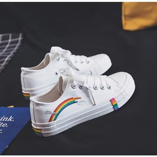 New Rainbow Canvas Shoes 2020 Womens Flat Canvas Shoes Fashion Solid Color Flat Student Shoes Casual ShoesW31-35