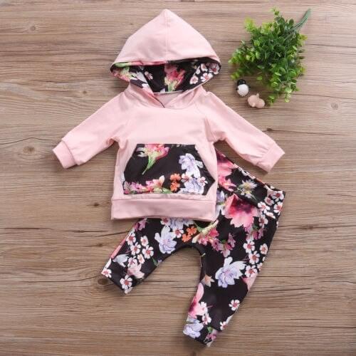 New 2020 Infant Newborn Baby Girls Clothes Long Sleeve Pocket Hooded Tops +Floral Print Pants Leggings Outfits Clothing Set