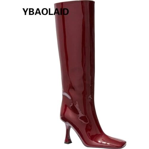 New Fashion Sexy High-heeled Long-tube Fashion Boots Wine Red Stiletto Patent Leather Square Toe Sleeve Knight Boots