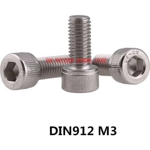 Parafuso 100pcs Din912 M3 304 Stainless Steel Hex Socket Head Cap Screw Bolts M3*(4/5/6/8/10/12/14/16/18/20/22/25/30/35/40)