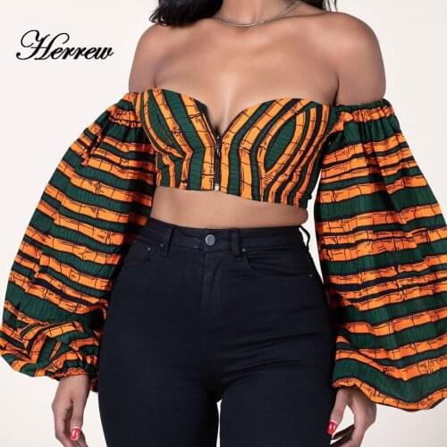 Sexy Shoulder Off Tops 2021 News Ladies Fashion Dashiki Print V-neck Lantern Sleeve Zipped Shirts African Dresses for Women