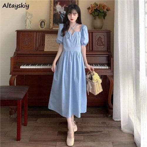 Dresses Women Summer Solid Holiday Lace-up Puff Sleeve Princess Style Ulzzang Fashion Simple Streetwear Mujer Loose Midi Vestido