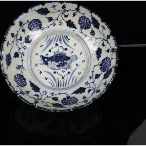 Early collection of Ming Zhengde blue and white fish algae pattern melon fruit plate sunflower mouth double bottom bowl
