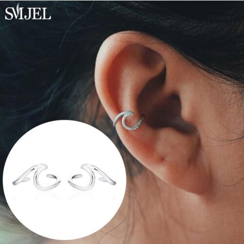 SMJEL Mini Punk Silver Color Wave Stud Earrings Leaves Cartilage Earring Conch Studs Helix Ear Cuff Fake Piercing Body Jewelry