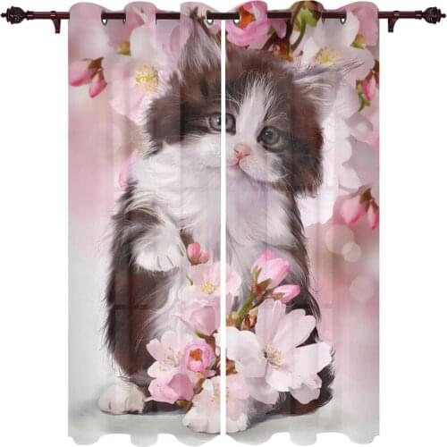 Kitchen Window Curtains Cat Cute Flowers Pink Adult Children Bedroom Decoration Living Room Hanging ClothTreatment Curtains