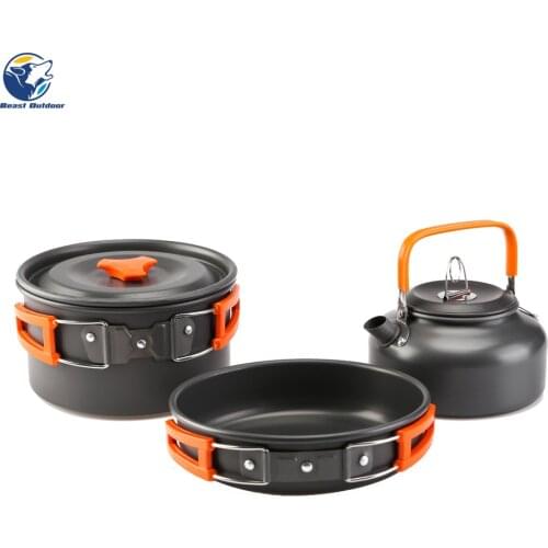 Outdoor pot pan camping cookware picnic cooker non-stick tableware with foldable spoon fork knife kettle cup