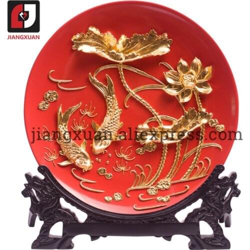 Unique carp lotus 24k gold foil porcelain ceramic plates 8 inch symbolize wealthy life handicrafts for housewarming gifts