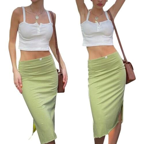 Womens Bodycon Midi Skirt Casual Summer Skirt Solid High-Waist Side Slit Girls Ladies Bust Skirt No Lining Pencil Skirt