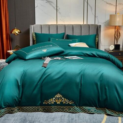Green Luxury 600TC Egyptian Cotton Queen King Bedding Set Embroidery Duvet Cover And Pillowcase Rubber Flat/Fitted sheet
