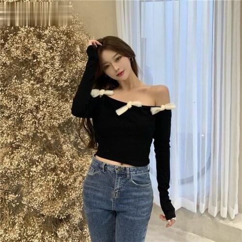 Sexy Slash Neck Shoulder Strapless Hit Color T Shirt Women Pullover Long Sleeve Slim Fit Tees Spring 2021 New Wild Top