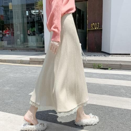 2021 Autumn Winter Fashion Long Skirts Women Patchwork High Waist Knitted Sweater Skirt Female A-line Skirt Jupe Femme Y683