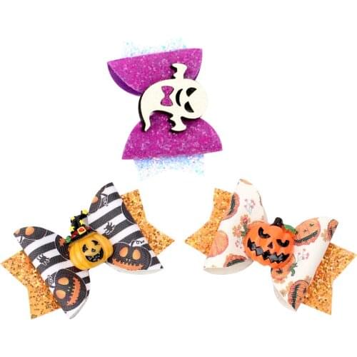 Girls Halloween Glitter Grosgrain Hair Bows Ghost Pumpkin Pinwheel Hair Clips Hair Accessories Girls Halloween Party Hair Clip