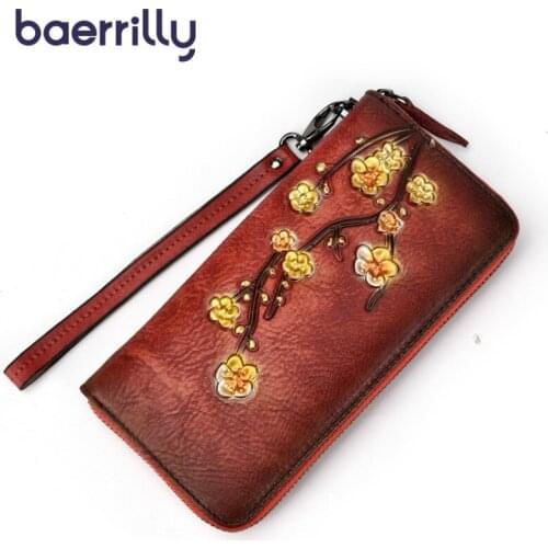 Genuine Leather Wallet Flower Women Wallet Long Clutch Bags Lager Card Holder Coin Purse Zipper Money Pocket Carteira Feminina