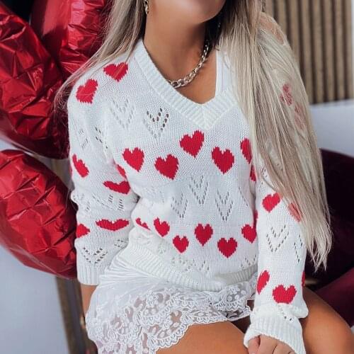 Love Shape Print Sweater Women Loose Long Sleeve O-neck Sweater Korean Autumn Sweaters Loose Knitted Pullovers Female Pull Femme