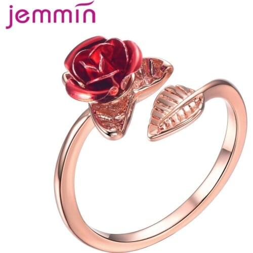 2021 Hot Sale Open Bague For Women Red Rose Flower Leaves Adjustable 925 Sterling Silver Finger Rings Valentine Day Gift Jewelry