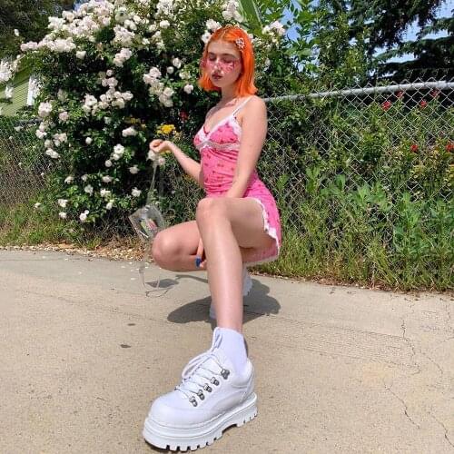 Women Lace Up Cherry Dot Print Sexy Dress Slip Cute Girl Pink Mini Vestidos Sleeveless V Neck Bodycon Femme Spaghetti Strap