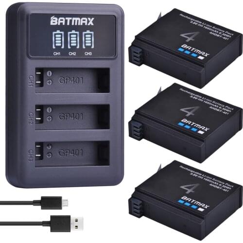 Batmax 3Pc for Gopro 4 1680mAh AHDBT-401 Battery + LED 3 Slots USB Charger for Gopro Hero 4 Action camera Accessories