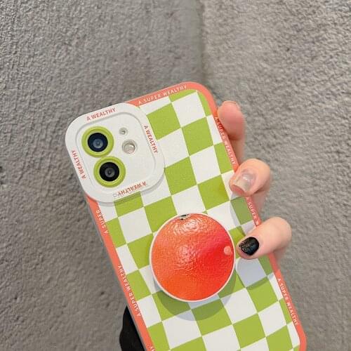INS Korean Orange Stand holde phone Case For iphone 7 8 Puls X XR XS 11 12 pro Max SE2 Creamy white Green Lattice soft Back Cove