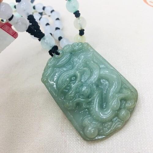 Pure natural Emerald jade Hand-carved large oil green zodiac dragon pendant with emerald three-color bead necklace sweater chain