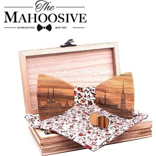 Zebra Wood France Bordeaux Skyline Wooden Bow ties Butterfly Gravata Skyline Ties For Men Cufflinks noeud papillon cravate