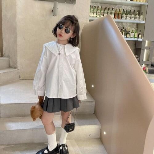Childrens Shirt 2021 Autumn New Girls' Vintage Navy Style Big Turn-down Collar Solid Color Shirt Teenagers Fashion Top