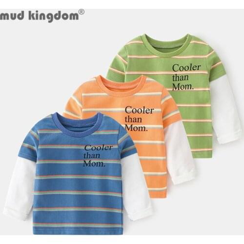 Mudkingdom Boy Stripe T-shirts Patchwork Letter Crew Neck Pull On Pullover Undershirts for Toddler Drop Shoulder Kids Clothes