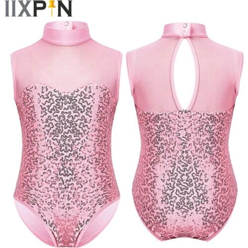 Kids Girls Sparkly Sequins Gymnastics Leotard Ballet Tutu Dress Sleeveless Mock Neck Tulle Splice Keyhole Back Ballet Dance wear