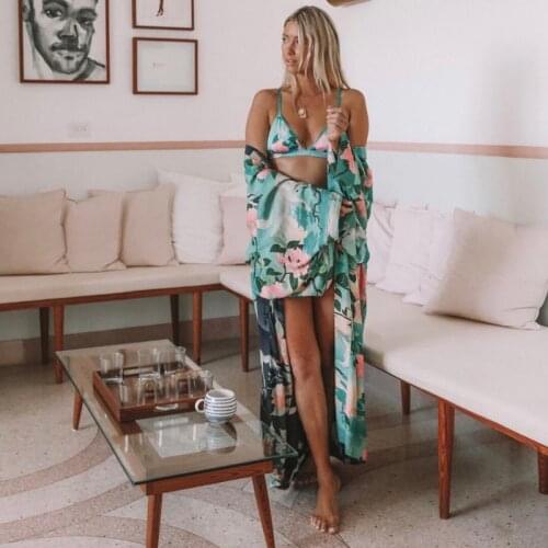 Japanese Style Long Coat Kimono Hot Spring&Beach Swimsuits Coverup Trench Oasis Rayon Cotton Women Blouse with Sash Green Print