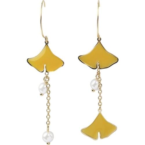 7.2 cm Japanese Style Long Oil Drop Yellow Ginkgo Leaf Dangle Earrings Cute Ginkgo Biloba Drop Earrings
